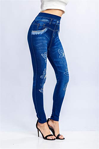 Damen Jeansoptik Leggings Übergroße Jeggings Blumen Treggings Elastic Jeans Lange Tights High Waist Skinny Hosen Strumphose 3XL Dear-XiaoBao von huizhouxiaobaodianzishangwugongsi