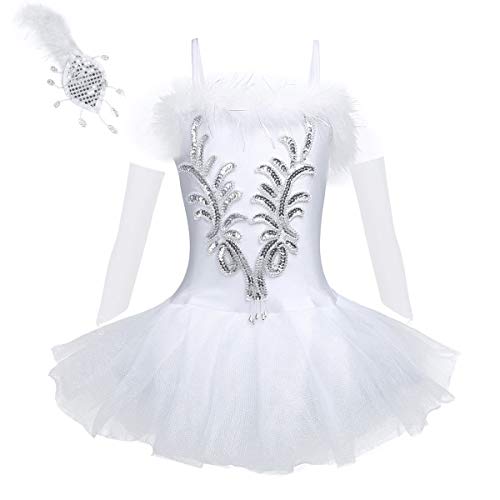 iEFiEL Ballettkleidung im Set - Mädchen Ballettkleid Glitzer Prinzessin Kleid Vintage Ballett Trikot Kinder Ballettanzug mit Rock Tütü Weiß 122-128 von iEFiEL