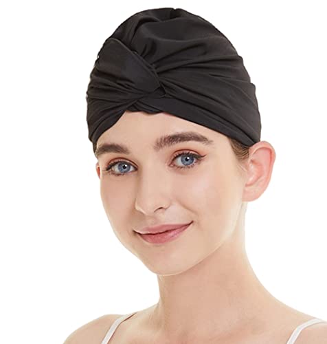 Sommer Schwimmkappe Damen Dehnbar Plissee Stoff Turban Badekappe Ohrenschutz Badehaube Frauen Strand Surfen Bademütze Schwimmmütze für Wassersport, Twisted Chemohut Schlafmütze für Lange Kurze Haare von iNszkoos