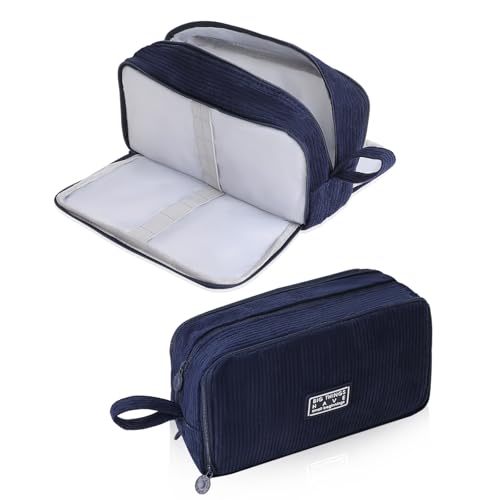 iSuperb Federtasche aus Cord & Polyester (22,5×12×8cm) – Große Make-up-Tasche mit Reißverschluss, 4 Farben (Schwarz/Beige/Rosa/Lila) für Schule & Büro (Schwarz) von iSuperb