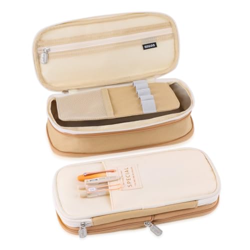iSuperb Foldable Pencil Case Zipper Big Capacity Canvas Pencil Pouch Stationery Organizers Pen Bag Compartments Cosmetic Makeup Bags for Women (Khaki+Beige) von iSuperb