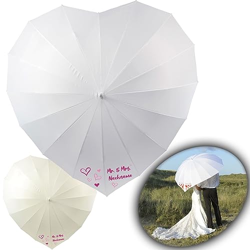 iX-brella Hochzeitsschirm Brautschirm Wedding Heart - personalisiert mit Name - rosa Herzen - weiß oder Creme von iX-brella
