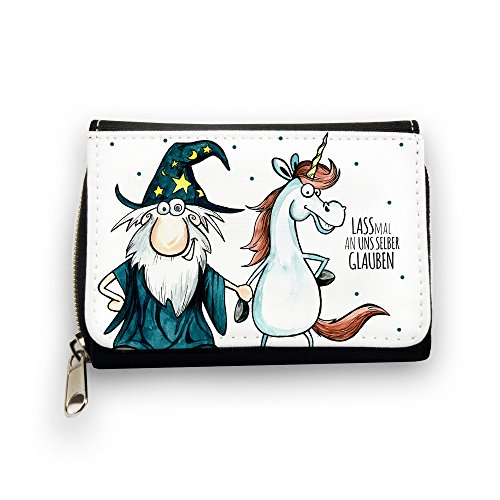 ilka parey wandtattoo-welt© Geldbörse Brieftasche Portemonnaie Zauberer und Einhorn mit Spruch Lass mal an Uns selber glauben gk087 von ilka parey wandtattoo-welt