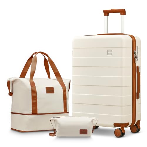imiomo 3-teiliges Gepäckset, Koffer mit Rollen, Gepäck-Set für Damen, leicht, rollend, Hardside-Reisegepäck mit TSA-Schloss, Beige, Checked Luggage 24IN von imiomo