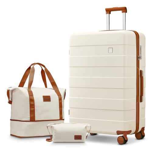 imiomo 3-teiliges Gepäck-Set, Koffer mit Spinnrädern, Gepäck-Set für Damen, leicht, rollbar, Hartschalen-Reisegepäck mit TSA-Schloss, beige, Large Luggage 28IN, Großes Gepäck von imiomo