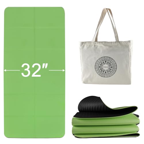 Yogamatte Faltbar, 183cm L x 81cm B, Faltbare Yoga matte Rutschfest für Reise mit Tragetasche aus Segeltuch, TPE Sportmatte Fitnessmatte Pilates matte Mehreren Szenarien Anwendbar (Schwarz Grün) von iodoo