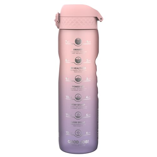 ion8 1 Liter Trinkflasche mit Zeitmarkierungen, Auslaufsicher, Einhandöffnung, Sichere Verriegelung, Spülmaschinenfest, BPA-frei, Tragegriff, Leicht zu Reinigen, Motivator Hellviolett & Rosenquarz von ion8