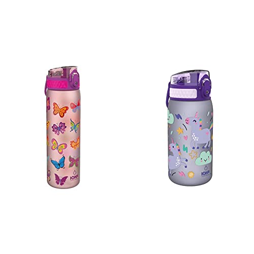 ion8 Auslaufsichere Schlanke Trinkflasche, BPA-frei, Schmetterlinge, 600ml & Einhorn-Flasche für Kinder, leckagefrei, BPA-frei, Violett, 350 ml von ion8