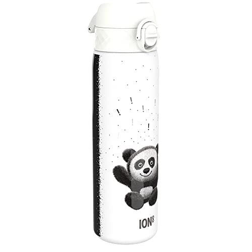 ion8 Stahl-Trinkflasche, 600 ml, Auslaufsicher, Einhandöffnung, Sichere Verriegelung, Spülmaschinenfest, Klappdeckel, Tragegriff, Leicht zu Reinigen, Langlebig, Panda-Design von ion8