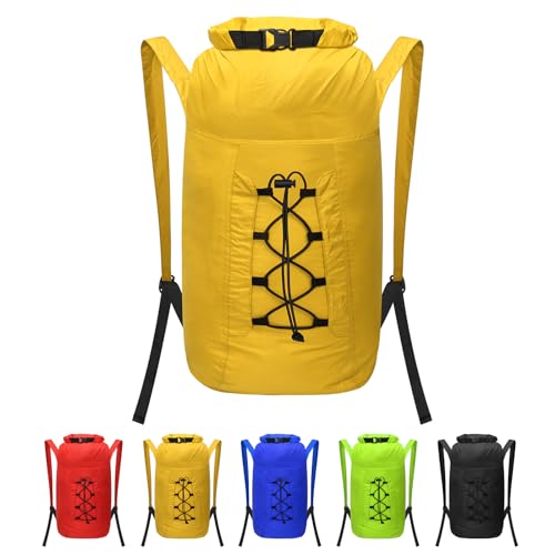 Wasserfester Rucksack 20L Dry Bag Wasserdichter Beutel Packsack mit Verstellbarer Schultergurt, mit Rollverschluss Robust Wasserdichte Tasche, für Schwimmen, Bootfahren, Rafting, Camping (Gelb) von ioutdoor