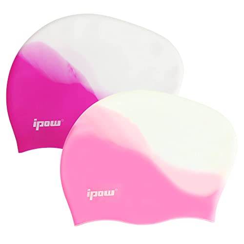 ipow Badekappe 2-Stück Silikon Bademütze Badehaube für Lange Haare gesund und warm Swim Cap (Weiß+Purple+Pink) von ipow