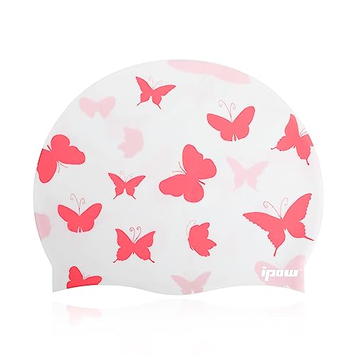ipow Badekappe für Kinder, Hochwertige Mädchen Jugendliche Bademütze Silikon Badehaube Empfehlung Kopfumfang 48-56cm - Schmetterling (Weiß+Pink) von ipow