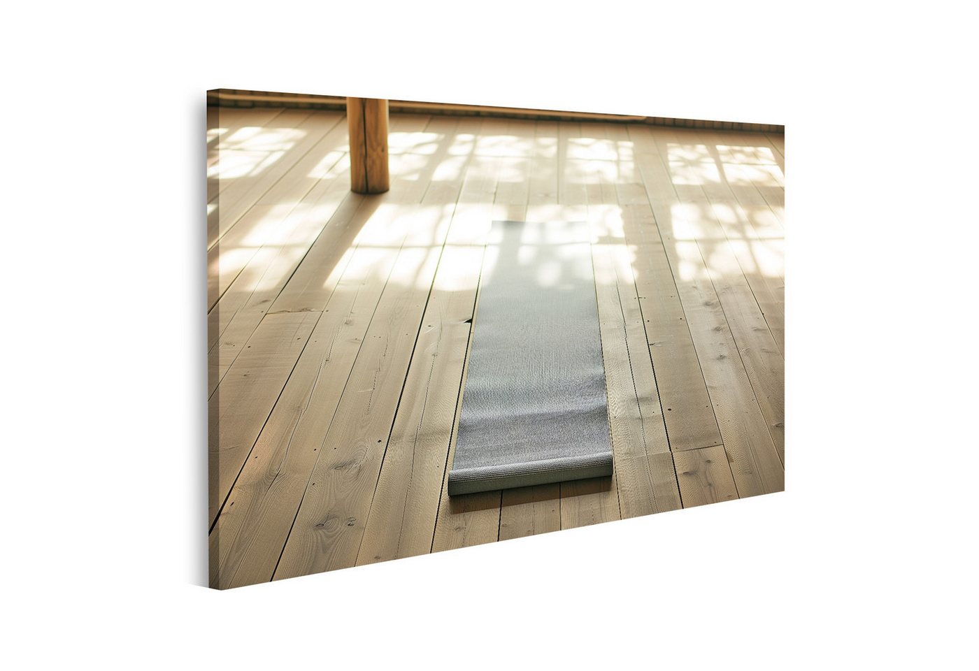 islandburner Leinwandbild Eine einzelne Yogamatte auf Holzboden mit Person in dynamischer Pose Y von islandburner