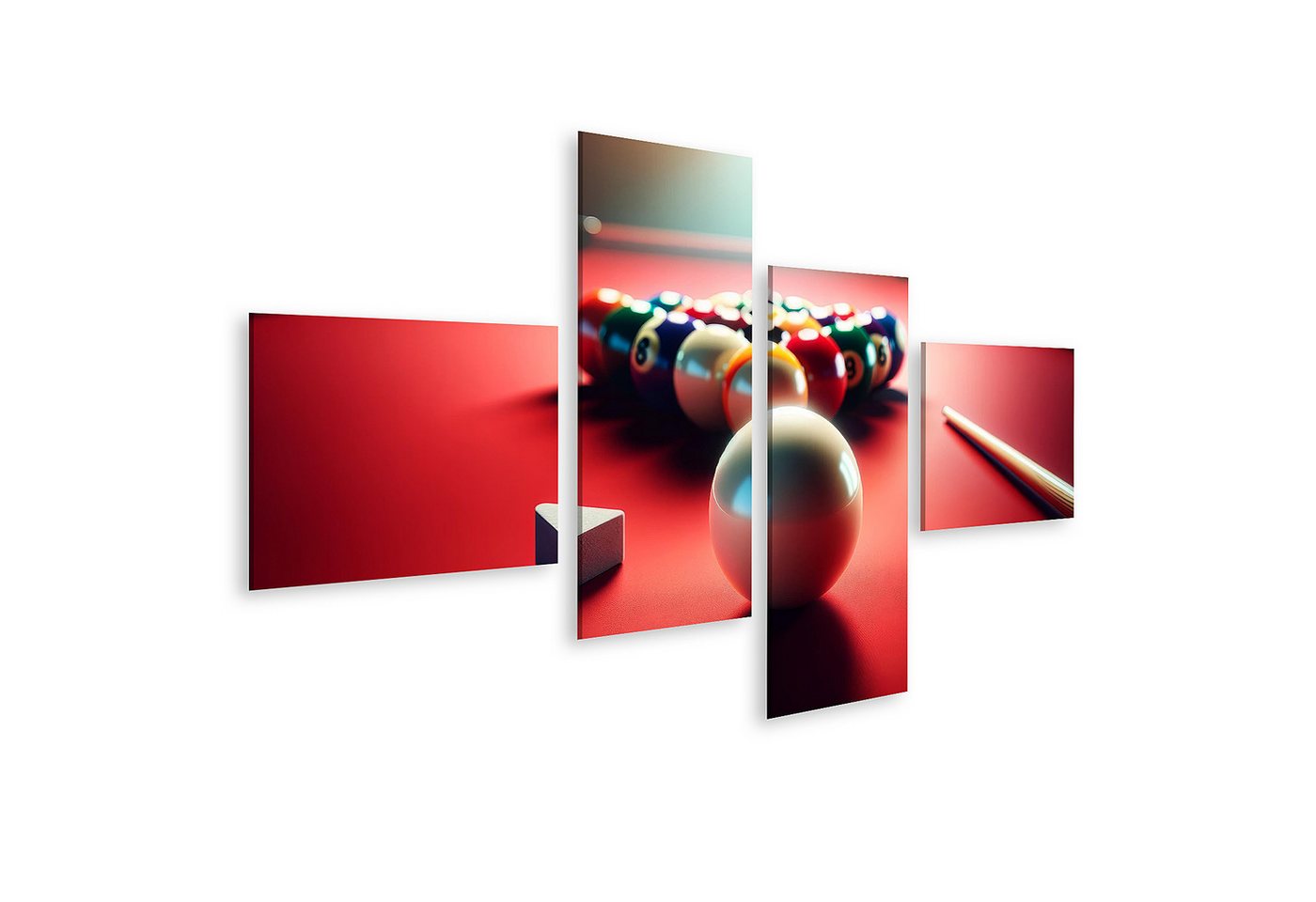 islandburner Leinwandbild Roter Billardtisch mit Kugeln und Queue im Spielbeginn von islandburner