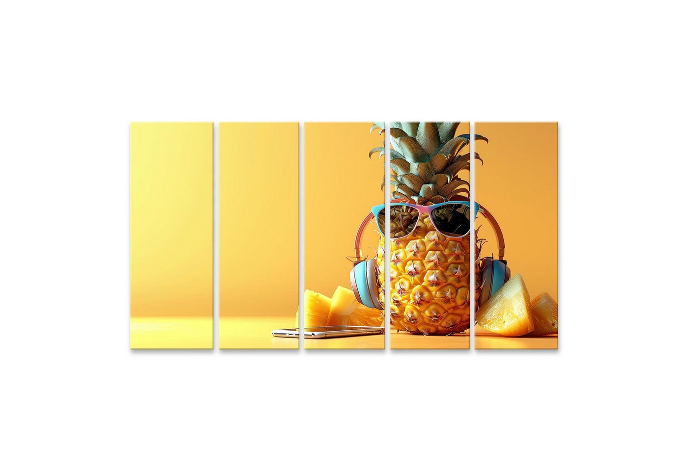 islandburner Leinwandbild Trendige Ananas mit Sonnenbrille und Kopfhörern lauscht Musik auf gelb von islandburner