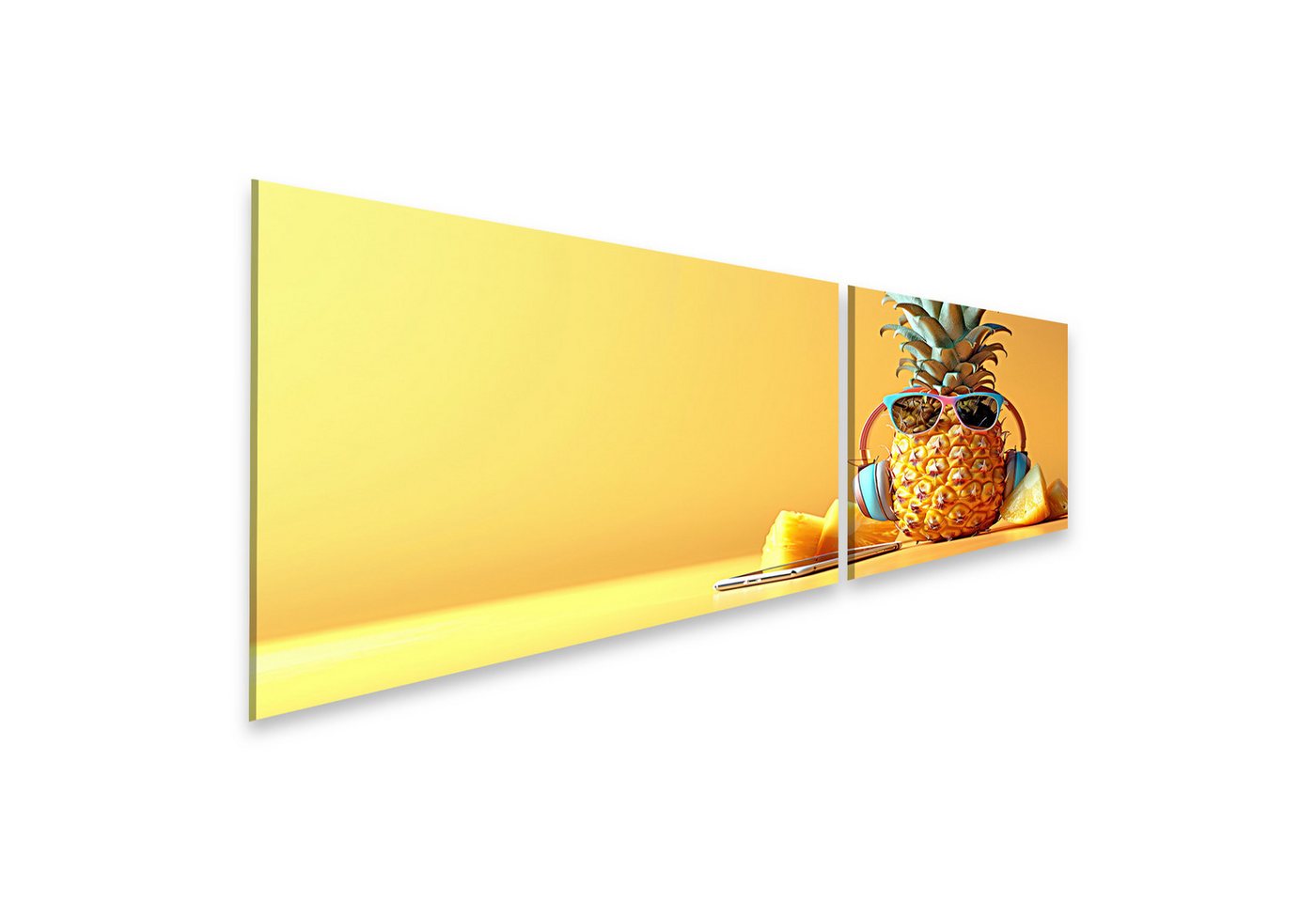 islandburner Leinwandbild Trendige Ananas mit Sonnenbrille und Kopfhörern lauscht Musik auf gelb von islandburner
