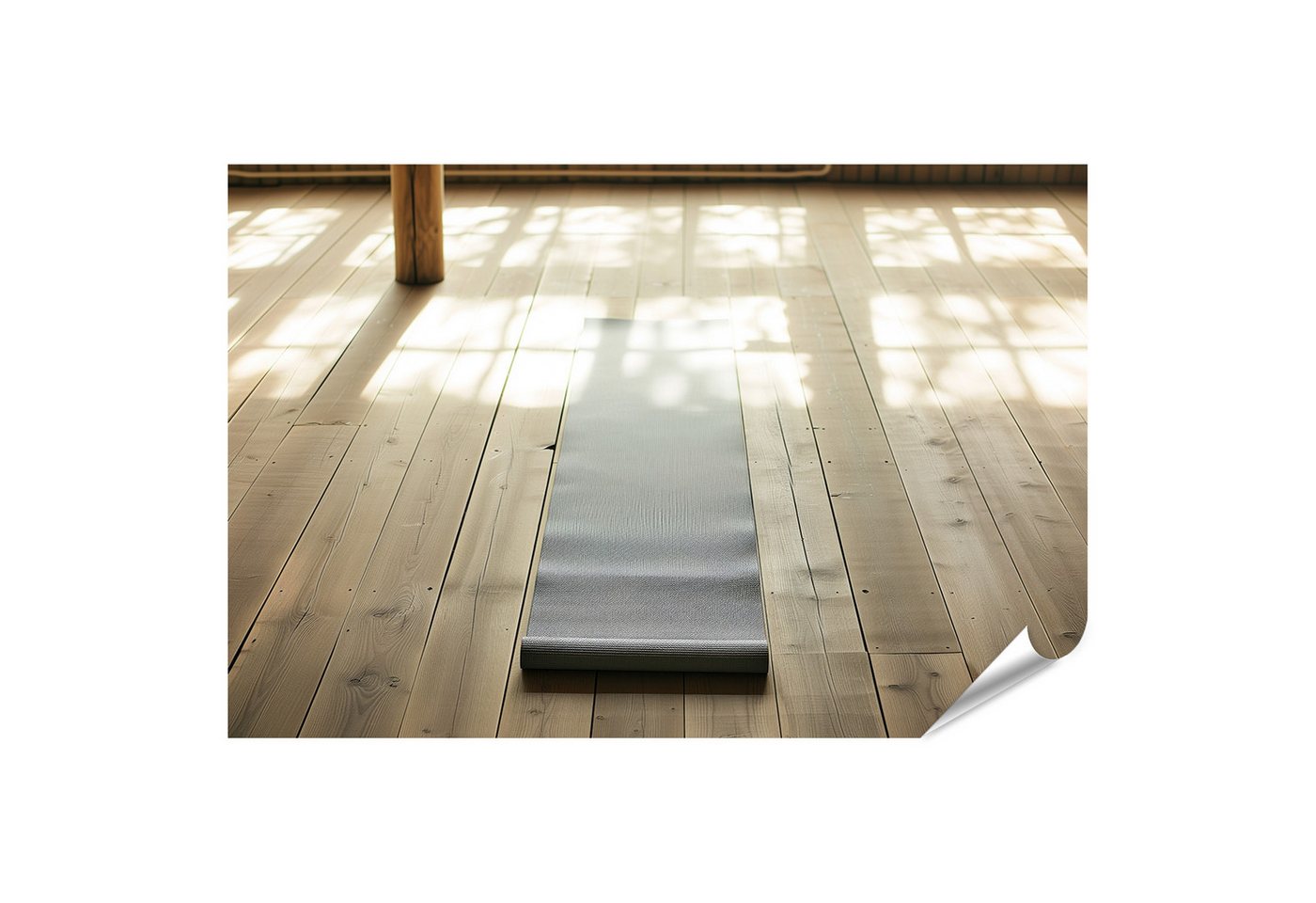 islandburner Poster Eine einzelne Yogamatte auf Holzboden mit Person in dynamischer Pose Y von islandburner