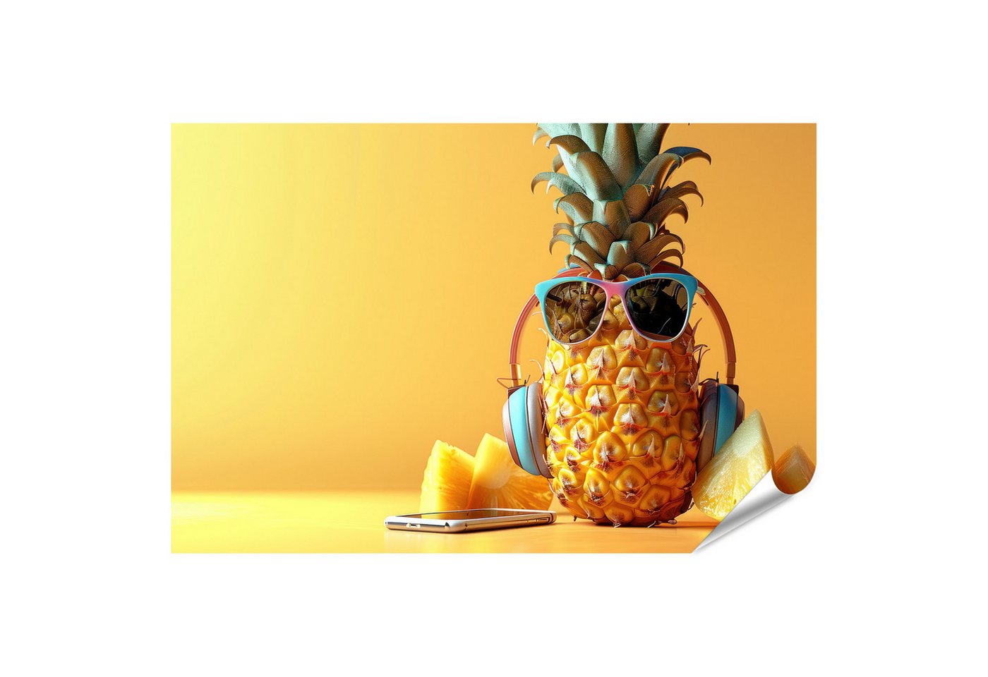 islandburner Poster Trendige Ananas mit Sonnenbrille und Kopfhörern lauscht Musik auf gelb von islandburner