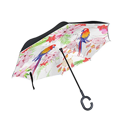 Jeansame Regenschirm Stockschirm Sonnenschirm Reverse Inverted umgekehrte Regenschirme doppelte Schicht winddichter Stockschirme Niedliche Land-Garten-Vintage Papageien-Blumenblumen von jeansame
