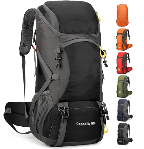 jianyana Wanderrucksack 50L Trekkingrucksack Regenhülle Reiserucksack Wasserdichter Campingrucksack für Wandern Camping Bergsteigen Reisen Sport Herren Damen (Schwarz) von jianyana