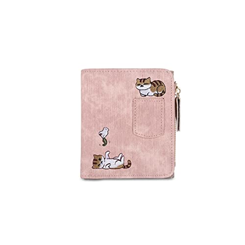 jonam Geldbörse für Damen 1 Stück Stickerei Katze Frauen Kurze Brieftasche Reißverschluss Münze Geldbörse Kurzfrauen Brieftasche Kartenhalter Kupplung (Color : Pink) von jonam
