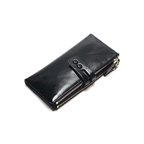 jonam Geldbörse für Damen Frauen Ölwachs Brieftaschen Weibliche Echtes Leder Womens Wallet Reißverschluss Design Frauen Geldbörse Damen lang (Color : Black) von jonam