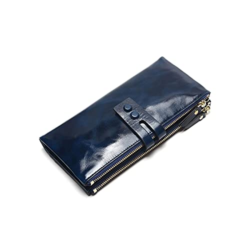 jonam Geldbörse für Damen Frauen Ölwachs Brieftaschen Weibliche Echtes Leder Womens Wallet Reißverschluss Design Frauen Geldbörse Damen lang (Color : Blue) von jonam