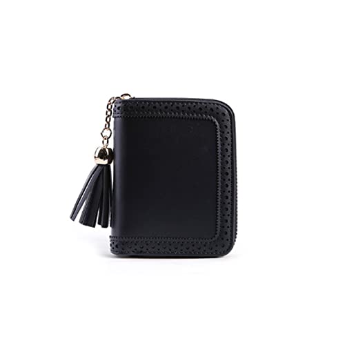 jonam Geldbörse für Damen Leder Brieftasche Frauen Quaste Brieftasche Für Kreditkarten Reißverschluss Kartenhalter Hohl Bequeme Mini Kurzwalls (Color : Black) von jonam