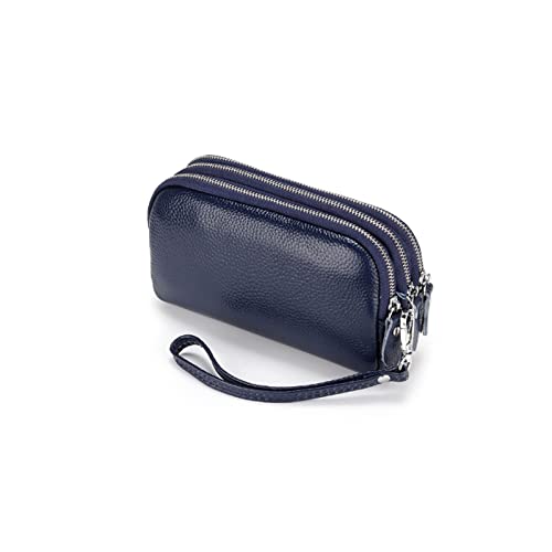 jonam Geldbörse für Damen Leder DREI Reißverschluss Futter Frauen Kupplung Brieftasche Große Kapazität Weibliche Geldbörse mit Handseil (Color : Blue) von jonam