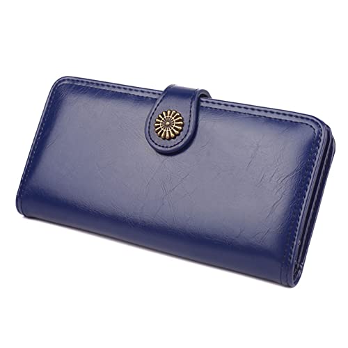 jonam Geldbörse für Damen New Oil Wax Leather Women Wallets Multi-Card Slot Long Wallets for Women Luxury Retro Buckle Two-fold Card Holder (Color : Blue) von jonam