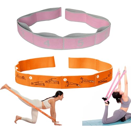 katmerio 2 Stück Yoga Stretch Gurt, Resistance Bands, Fitnessbander, Training Bänder, Widerstandsbänder, Multi-Schleifen Verstellbares Übungsband, für Fitness, Tanztraining, Gymnastik(Orange + Rosa) von katmerio