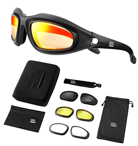 Fahrrad Brille, UV-Schutz Polarisierte Schutzbrille, Motorradbrille Sportbrille Motorrad Gläser 4 Lens Kit, Sport Sonnenbrille mit Aufbewahrungstasche, Ideal für Fahrrad, Motorrad, Outdoor Sport von kemimoto