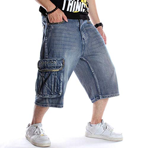 Kurze Shorts Laufhose Herren Plus Size Loose Baggy Denim Kurze Herren Jeans Mode Streetwear Hip Hop Long 3/4 Capri Cargo Shorts Tasche Bermuda Männlich Blau 38 Blau von kkkfffp