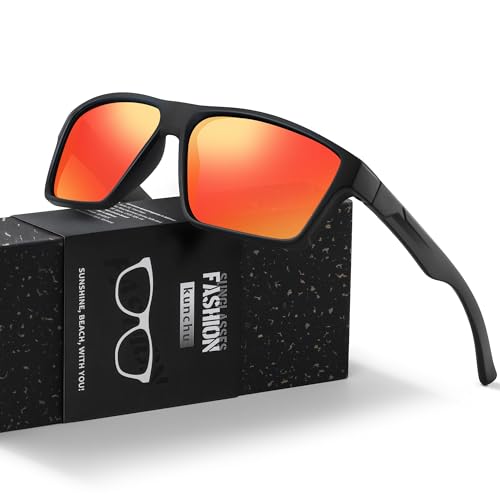 kunchu Sonnenbrille Herren und Damen Polarisierte Schutzsonnenbrille Klassische Retro-Sonnenbrille UV400 Quadratisch,Fahren,Outdoor,Reisen,Radfahren,Golf,Angeln,Rot Sunglasses von kunchu