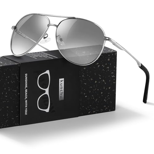 kunchu Sonnenbrille Herren Damen Polarisierte Unisex UV400-Schutz Klassische Ultraleichte Fahren Angeln Laufen Outdoor Schwarze Fliegerbrille Vintage Fahrerbrille Silber von kunchu