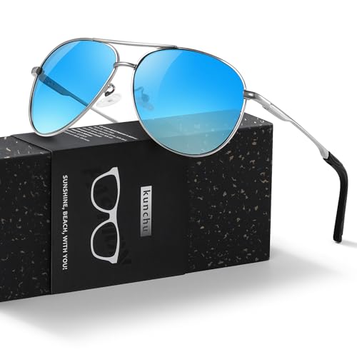 kunchu Sonnenbrille Herren Damen Polarisierte Unisex UV400-Schutz Klassische Ultraleichte Fahren Angeln Laufen Outdoor Schwarze Fliegerbrille Vintage Fahrerbrille Silber Blau von kunchu
