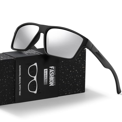 kunchu Sonnenbrille Herren und Damen Polarisierte Schutzsonnenbrille Klassische Retro-Sonnenbrille UV400 Quadratisch,Fahren,Outdoor,Reisen,Radfahren,Golf,Angeln,Silbrig Sunglasses von kunchu