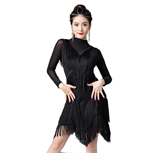 kzytamz Damen Latin Dance Kleider mit Fransensaum Hoher Kragen mit Langen Ärmeln Ballsaal Salsa Samba Rock Latin Competition Dress Walzer Performance Kleid Foxtrot Praxisrock (XXL,Black) von kzytamz