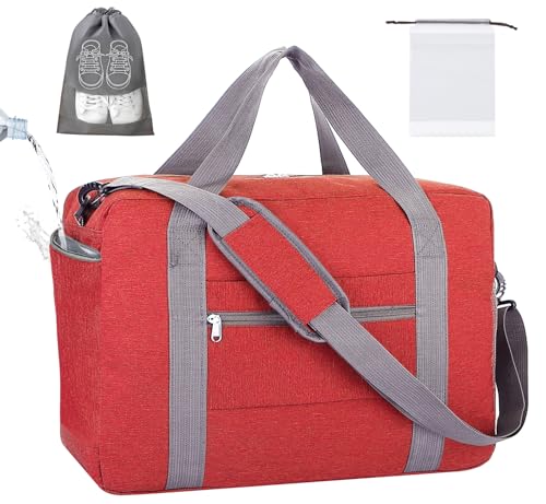lifwimner Handgepäck Tasche für Flugzeug 45x32x18 Reisetasche klein für Damen&Herren Weekendertasche Bag Cabin Bag Faltbare Handgepäck Koffer mit Nasstasche(Rot 25L) von lifwimner