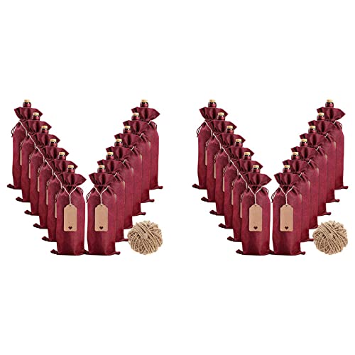 liovitor Weinflaschenbeutel aus Jute, 24 Stück, mit Kordelzug, Etiketten und Seilen, wiederverwendbare Weinflaschenabdeckungen, rot von liovitor