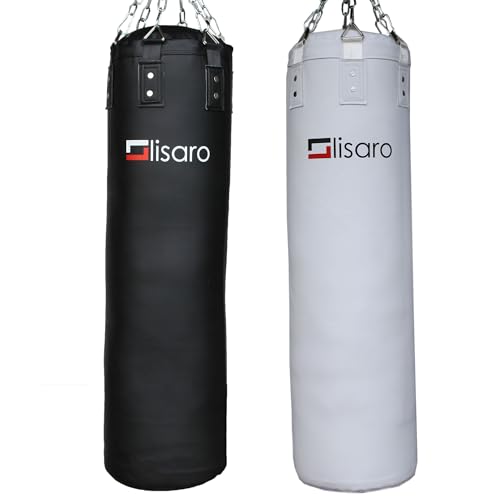 Lisaro Premium Boxsack gefüllt/ungefüllt | geeig. für Jede Sportart | inkl. 6er - Punkt – Stahlkette | Boxen & MMA | Kampfsportarten (schwarz, gefüllt) von lisaro