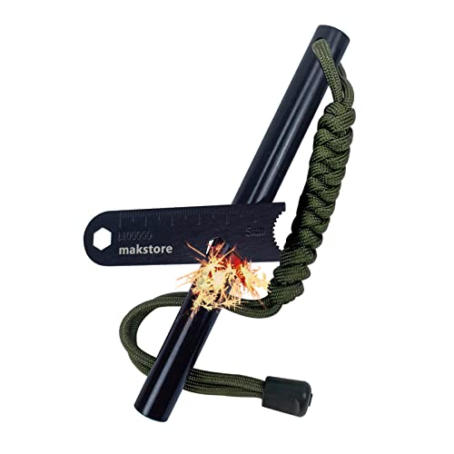 makstore 15,2 x 1,27 cm Survival Ferro Rod – Feuerstein und Stahl Kit – Feuerstarter mit Paracord Landyard Griff und Striker (Armeegrün) von makstore