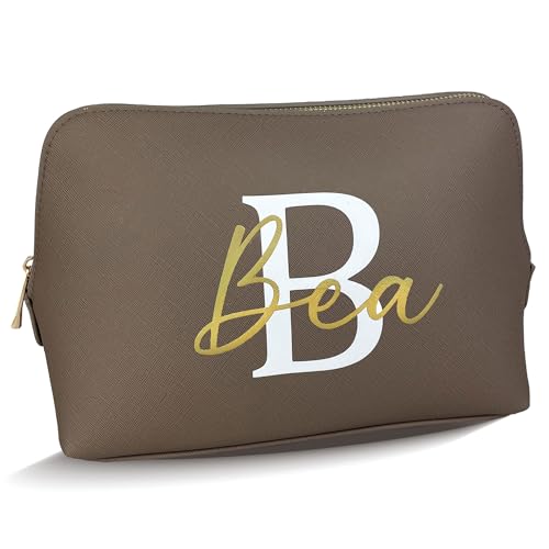 Kosmetiktasche personalisiert Initial + Name, Schminktasche, Kulturtasche für Damen, Handtasche, Geschenk Frauen, Schminke Beauty Make-Up (Taupe, groß) von mamir home