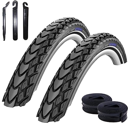 2 x Schwalbe Marathon Mondial Fahrradreifen RaceGuard Pannenschutz mit Reflexstreifen 50-559 (26 x 2,00") + 2 Schwalbe SV13 Schläuche inkl. Reifenheber von maxxi4you