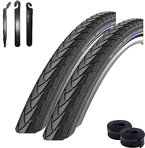 2 x Schwalbe Marathon Plus Performance SmartGuard E-50 Fahrradreifen Fahrradmantel Drahtreifen schwarz 47-406 (20 x 175) + 2 x Schläuche AV7 inkl. Reifenheber von maxxi4you