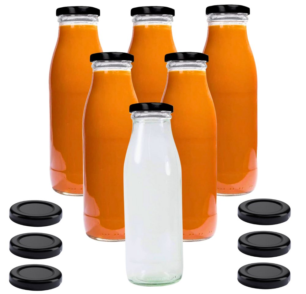mikken Trinkflasche 6er Set Milchflaschen 500 ml mit Schraubdeckel plus 6 Erssatzdeckel, Fassungsvermögen: 0,5 Liter von mikken