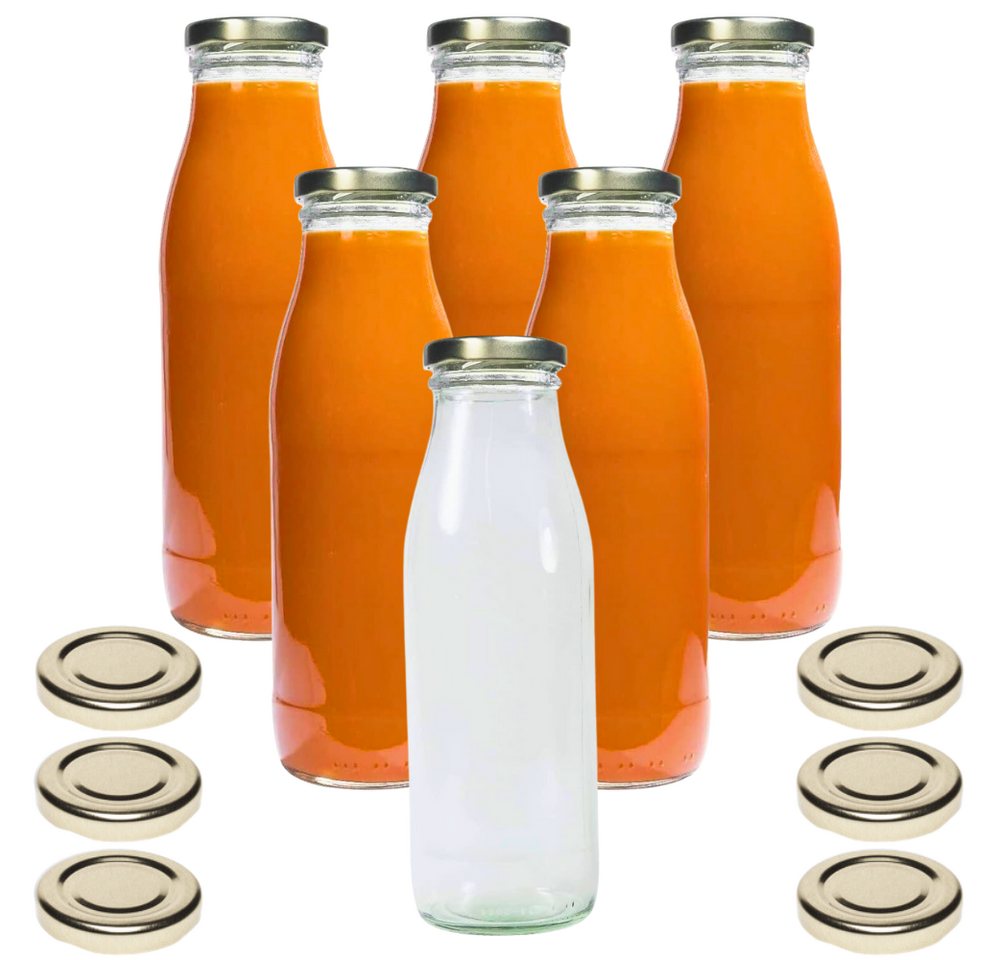 mikken Trinkflasche 6er Set Milchflaschen 500 ml mit Schraubdeckel plus 6 Erssatzdeckel, Fassungsvermögen: 0,5 Liter von mikken