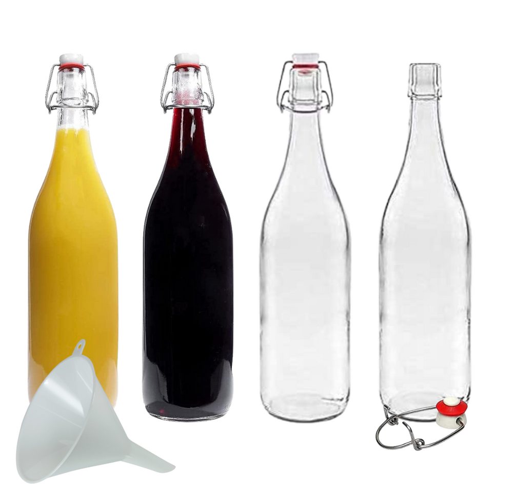 mikken Trinkflasche 4er Set Glasflasche 1 Liter mit Bügelverschluss mit Trichter, Inhalt 1000 ml Bügelverschluss aus Porzellan inklusive Einfülltrichter von mikken