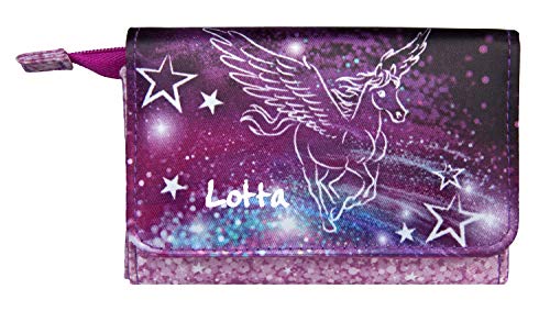 Geldbeutel mit Namen | Motiv Pegasus fliegendes Pferd in lila & pink inkl. Namensdruck | Bedrucken & Personalisieren | Geldbörse Kindergeldbeutel Druckknopfverschluss Münzfach von minimutz