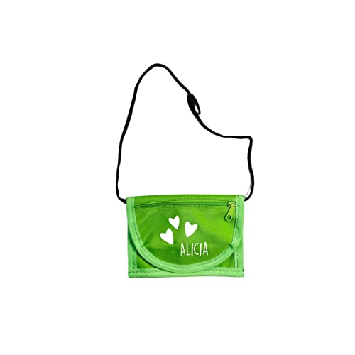 minimutz Geldbörse für Kinder mit Name (grün)| Motiv kleine Herzchen inkl. Namensdruck personalisiert & Bedruckt | Geldbeutel Jungen Mädchen mit Münzfach zum Umhängen von minimutz
